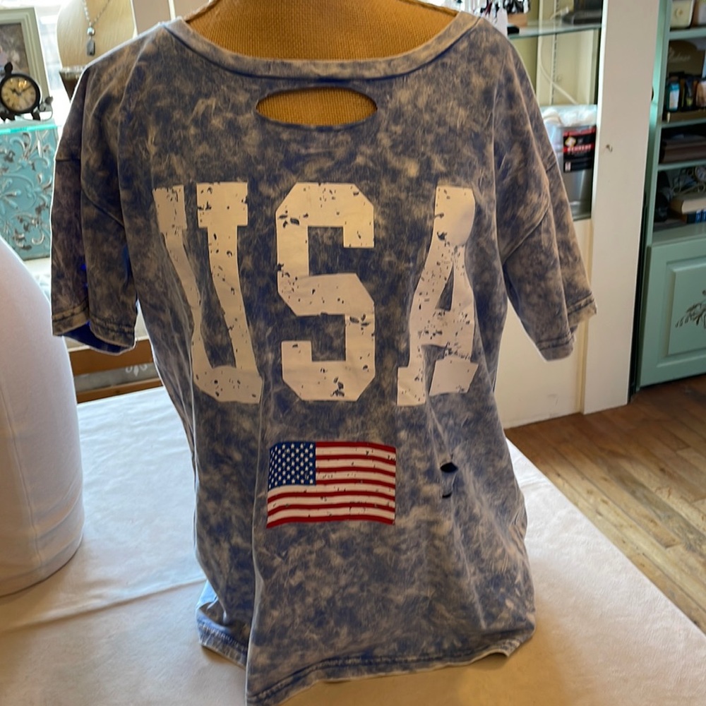 Distressed Short-Sleeve USA Tee in blue with white lettering & USA Flag
